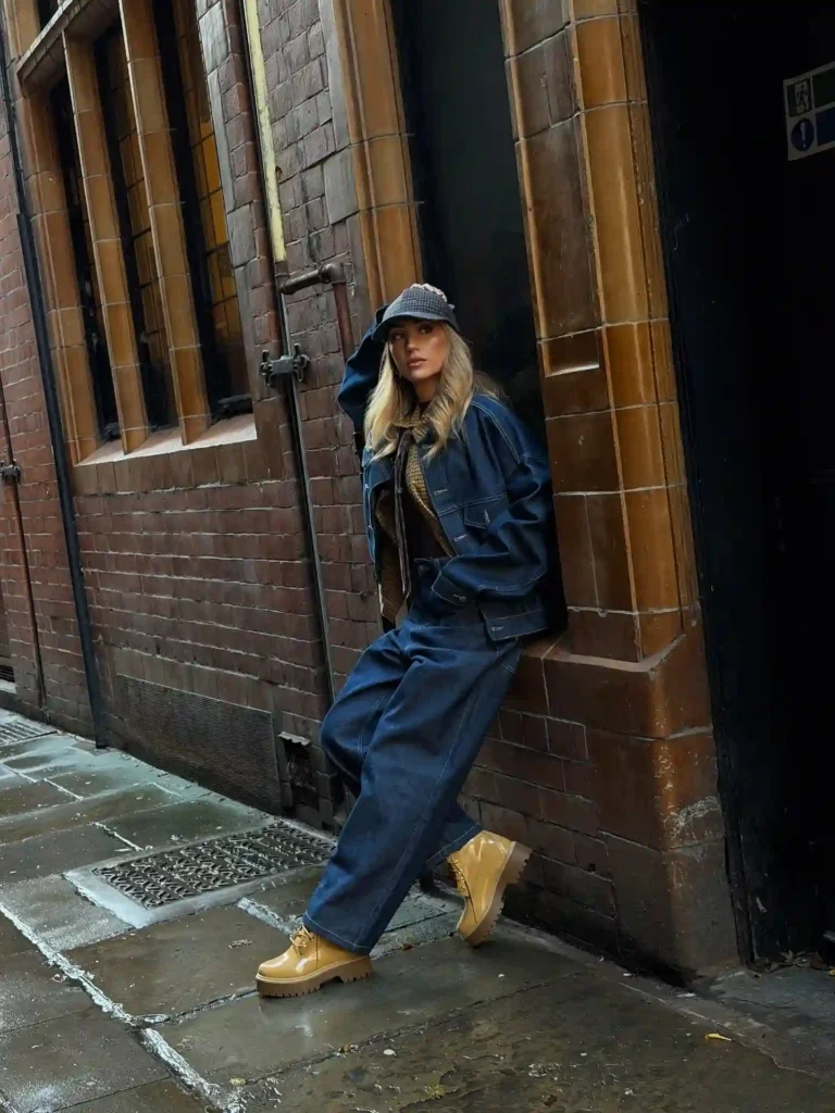 Woman wearing a dark denim jacket, dark wide-leg jeans, grey baseball cap, and wheat Timberland boots