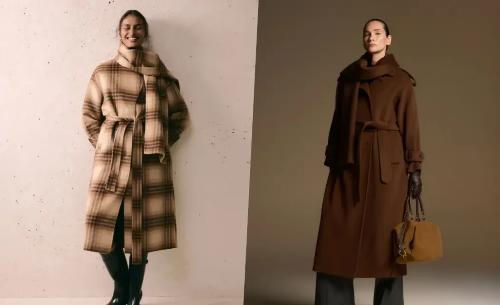 Editorial photo of a chocolate brown wrap coat styled with a plaid scarf