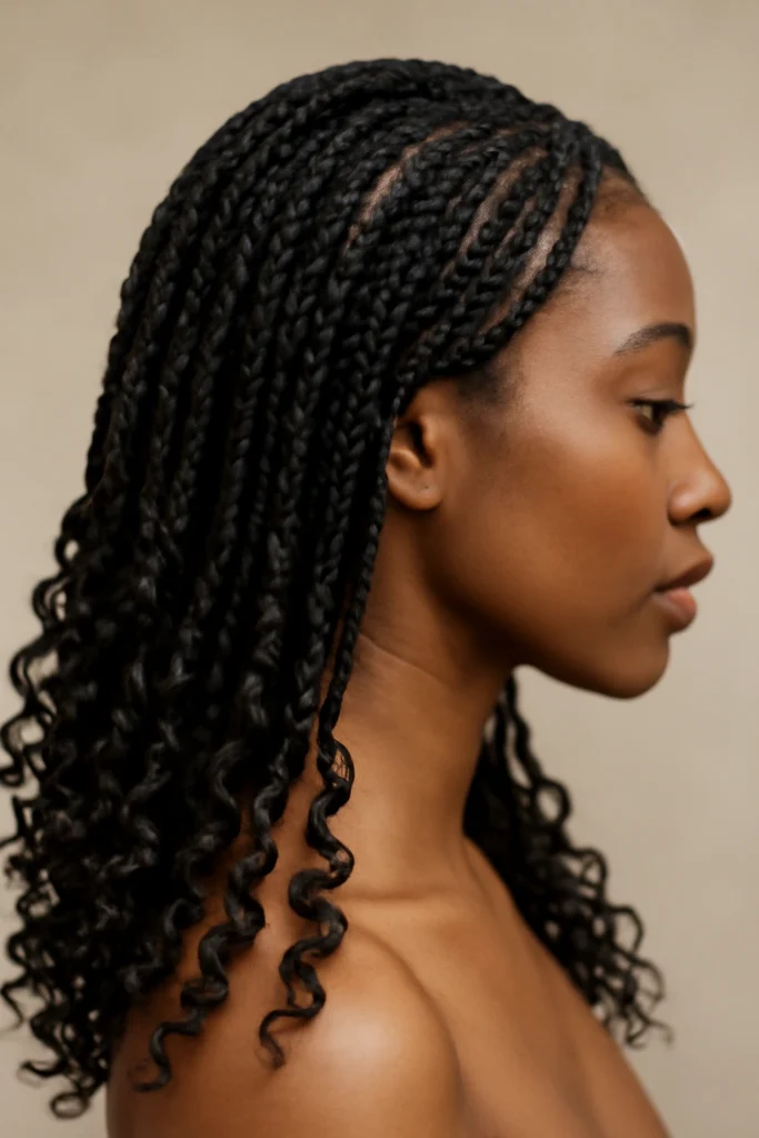 Black woman with knotless box braids finished with curly tips
