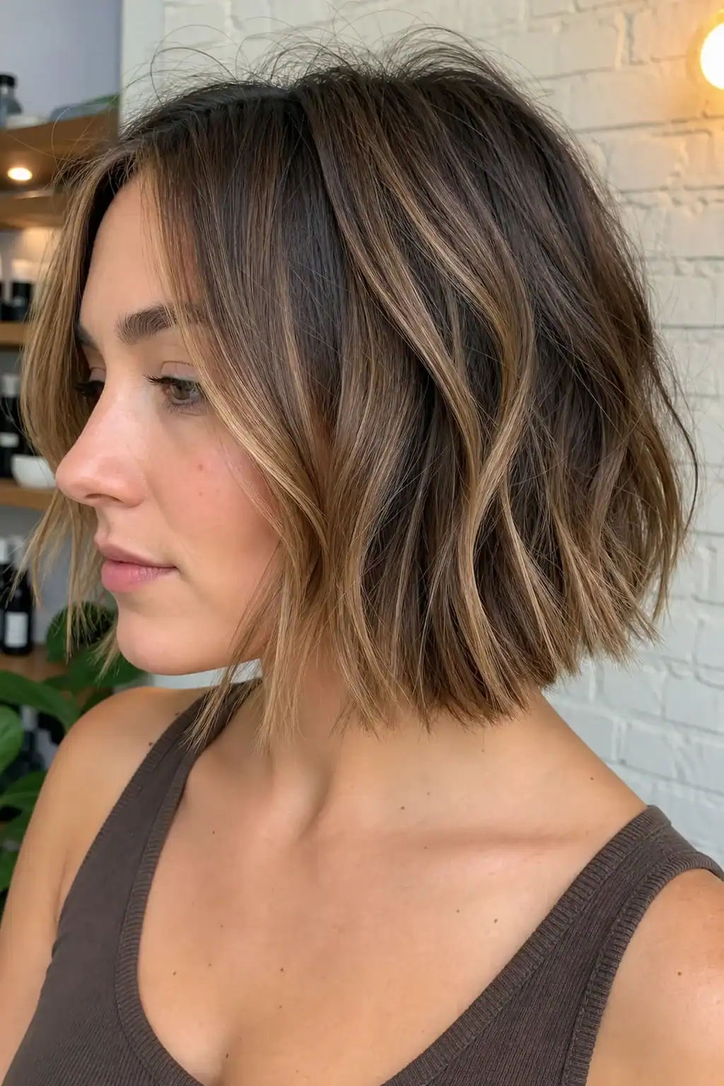 Brunette wavy bob with soft bangs and caramel highlights
