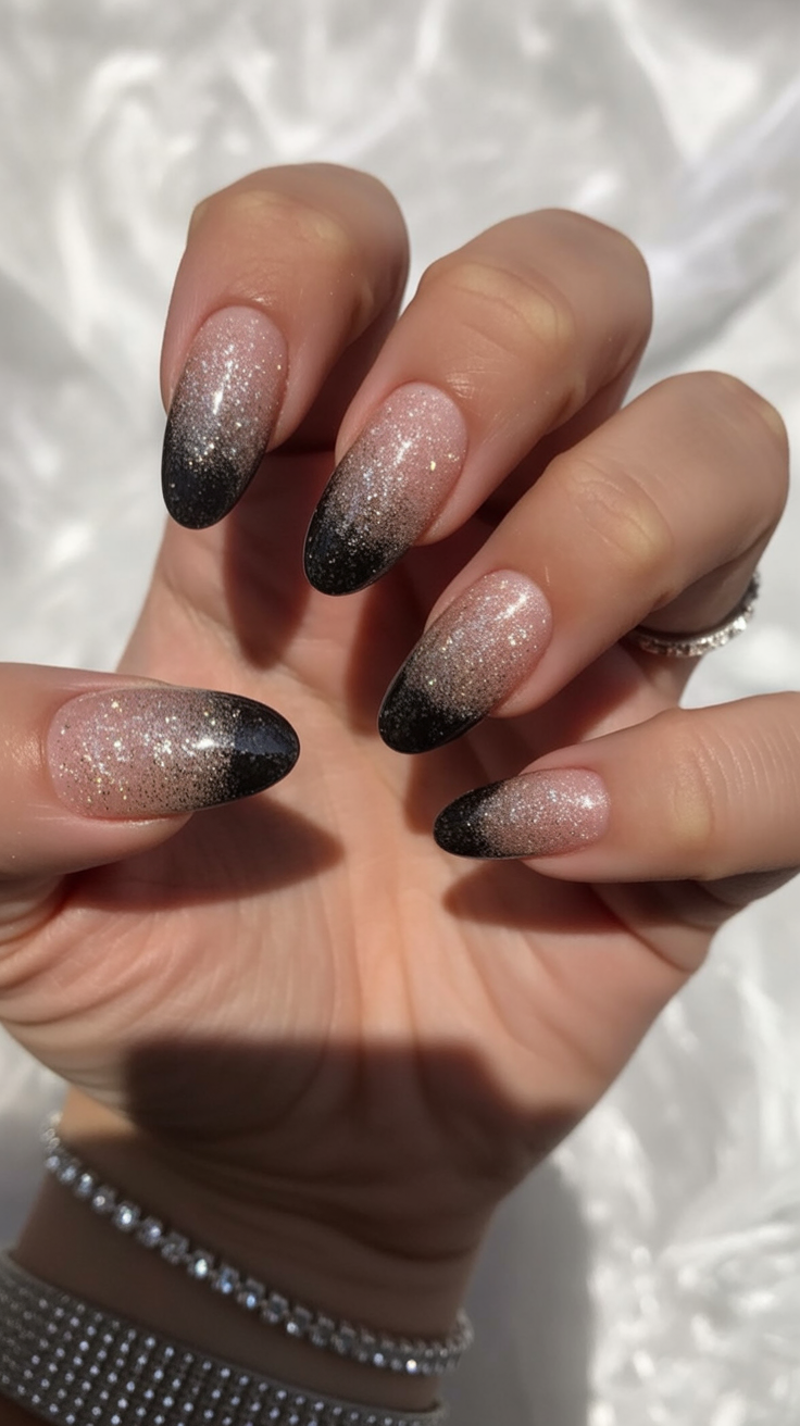 Black Glitter Ombré: black-to-glitter fade on stiletto nails
