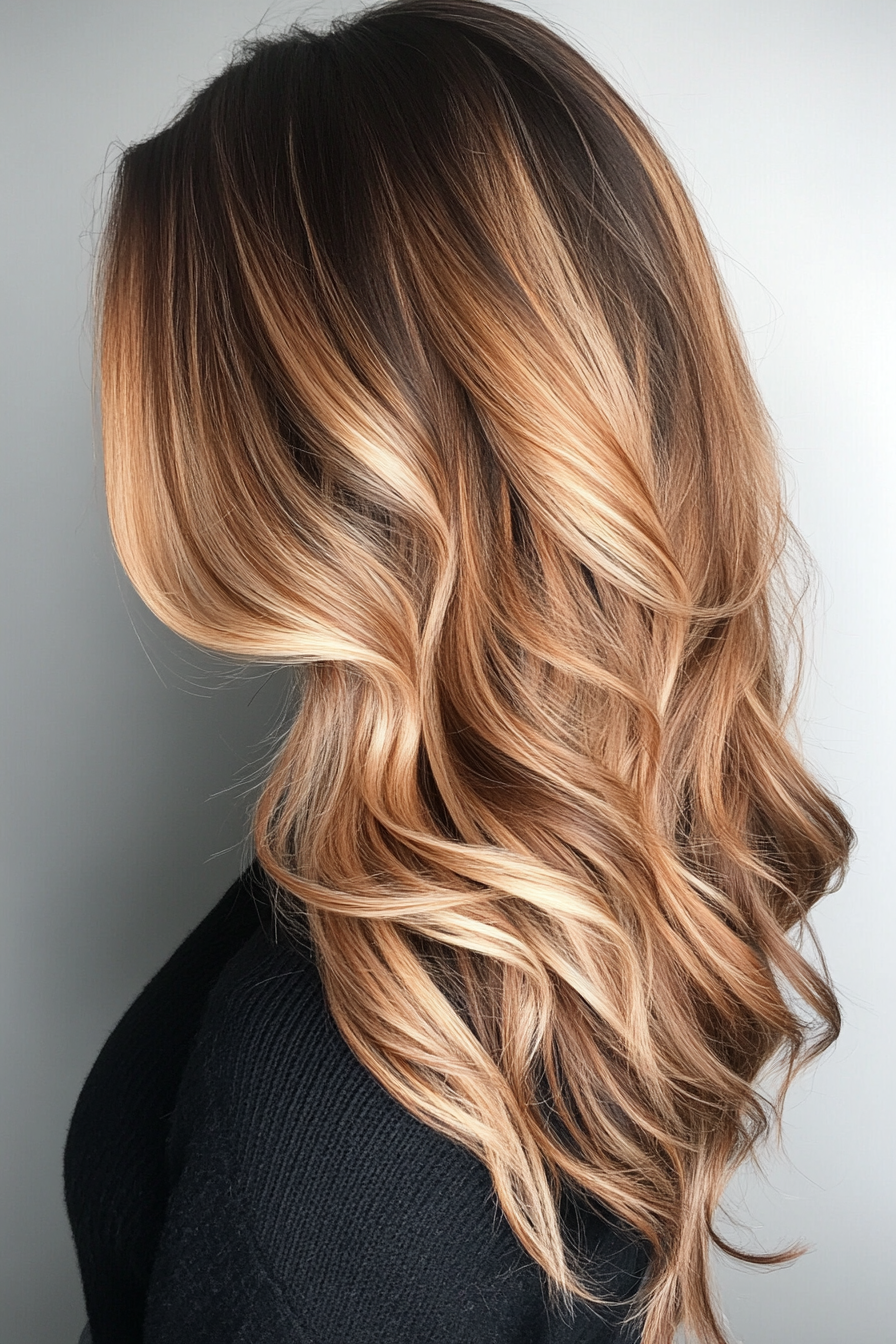 Side view of long wavy hair with dark caramel balayage and brighter blonde pops