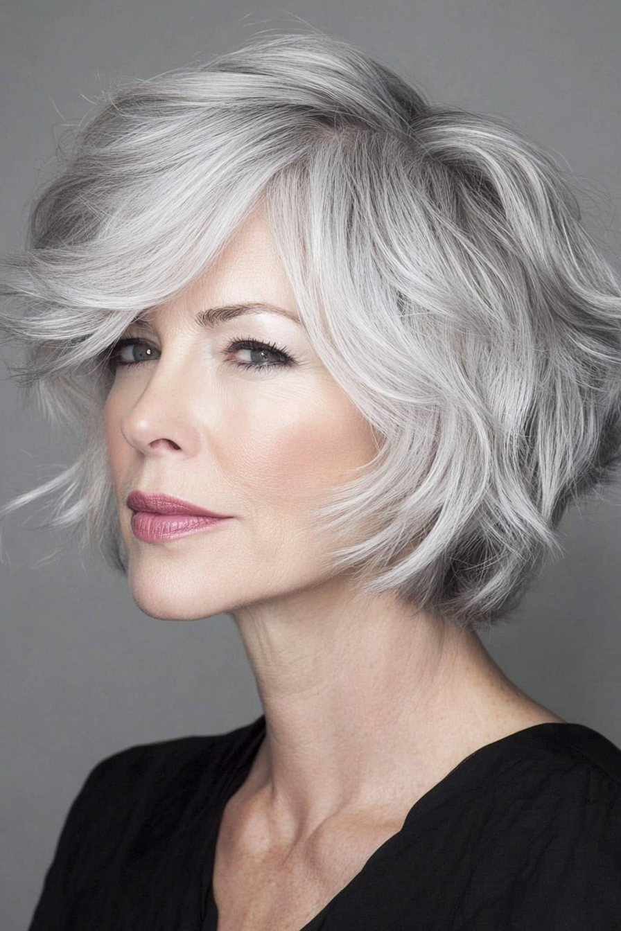 Textured grey bob haircut with natural movement on an older woman