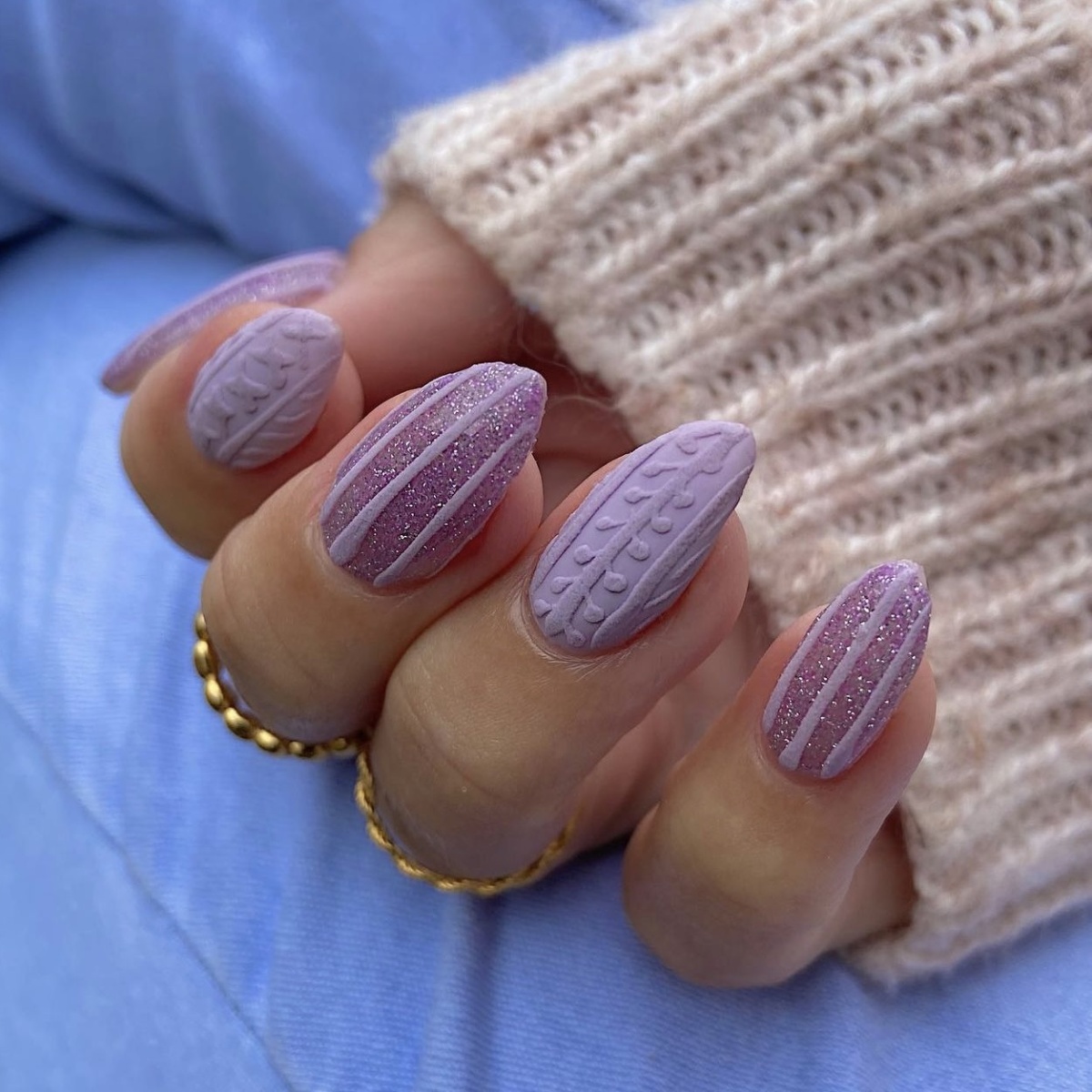Dusty lavender matte nails with cable-knit pattern
