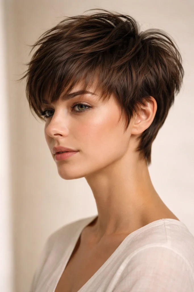 Layered pixie cut with long side-swept bangs