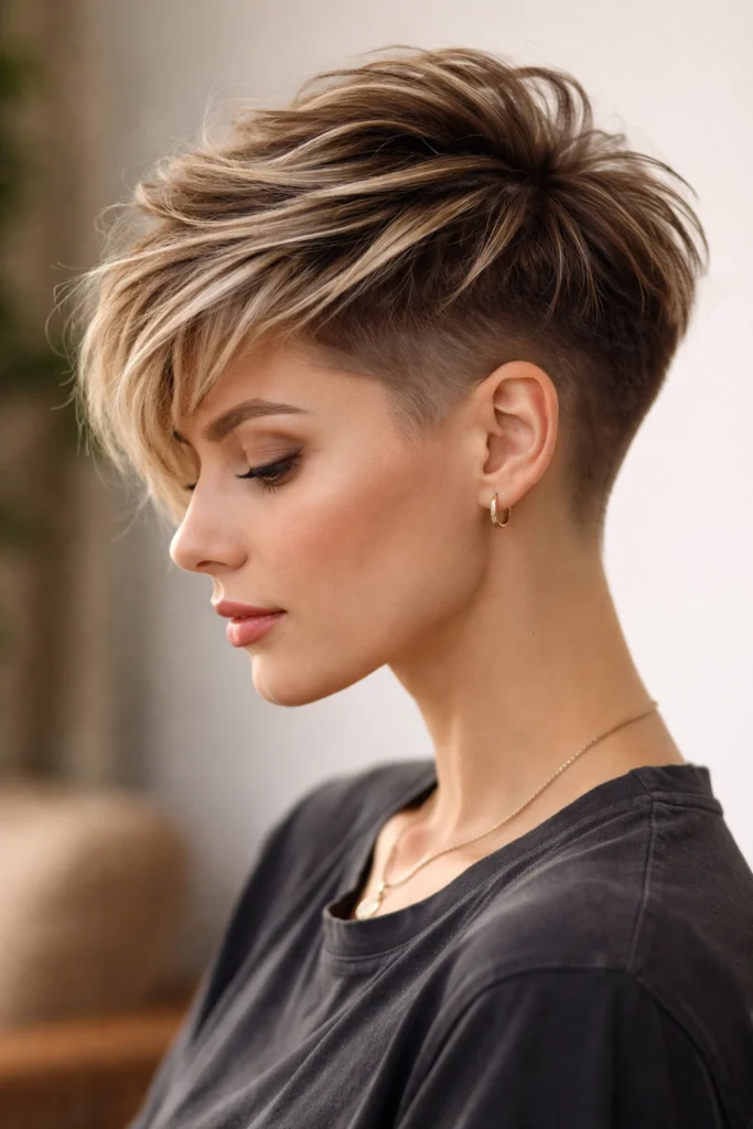 Undercut pixie haircut with ash brown and light highlighted tips