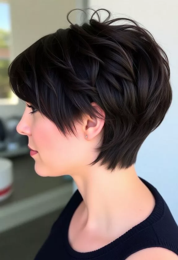 Layered pixie cut with graduated volume on thick hair