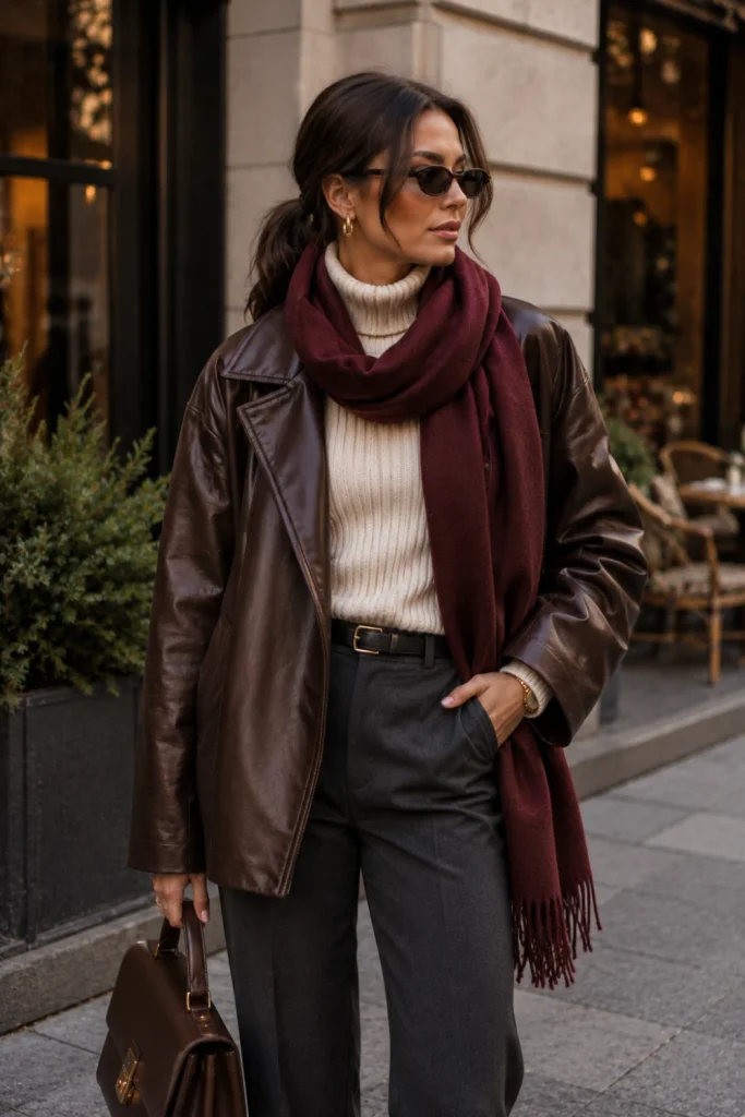 Woman wearing a leather jacket over cozy knit layers