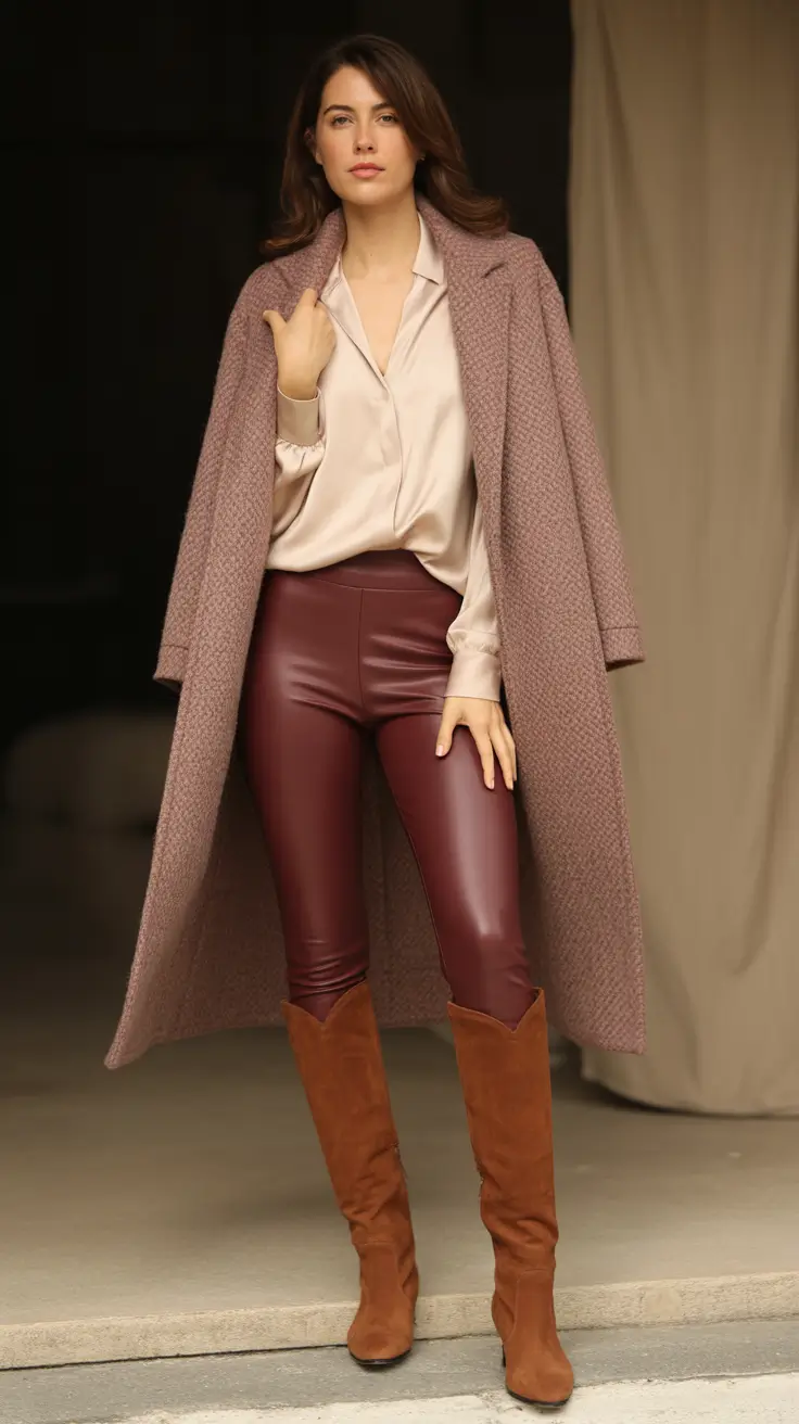 Woman wearing burgundy leather leggings with a cream silk blouse, a long mauve coat and tan knee-high boots