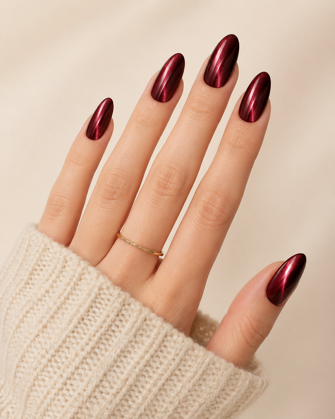 Burgundy velvet cat eye nails on medium almond nails