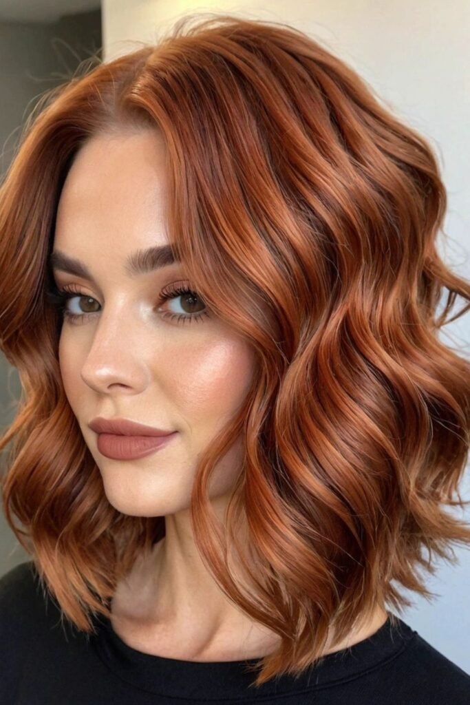 Layered auburn lob with warm red-brown tones