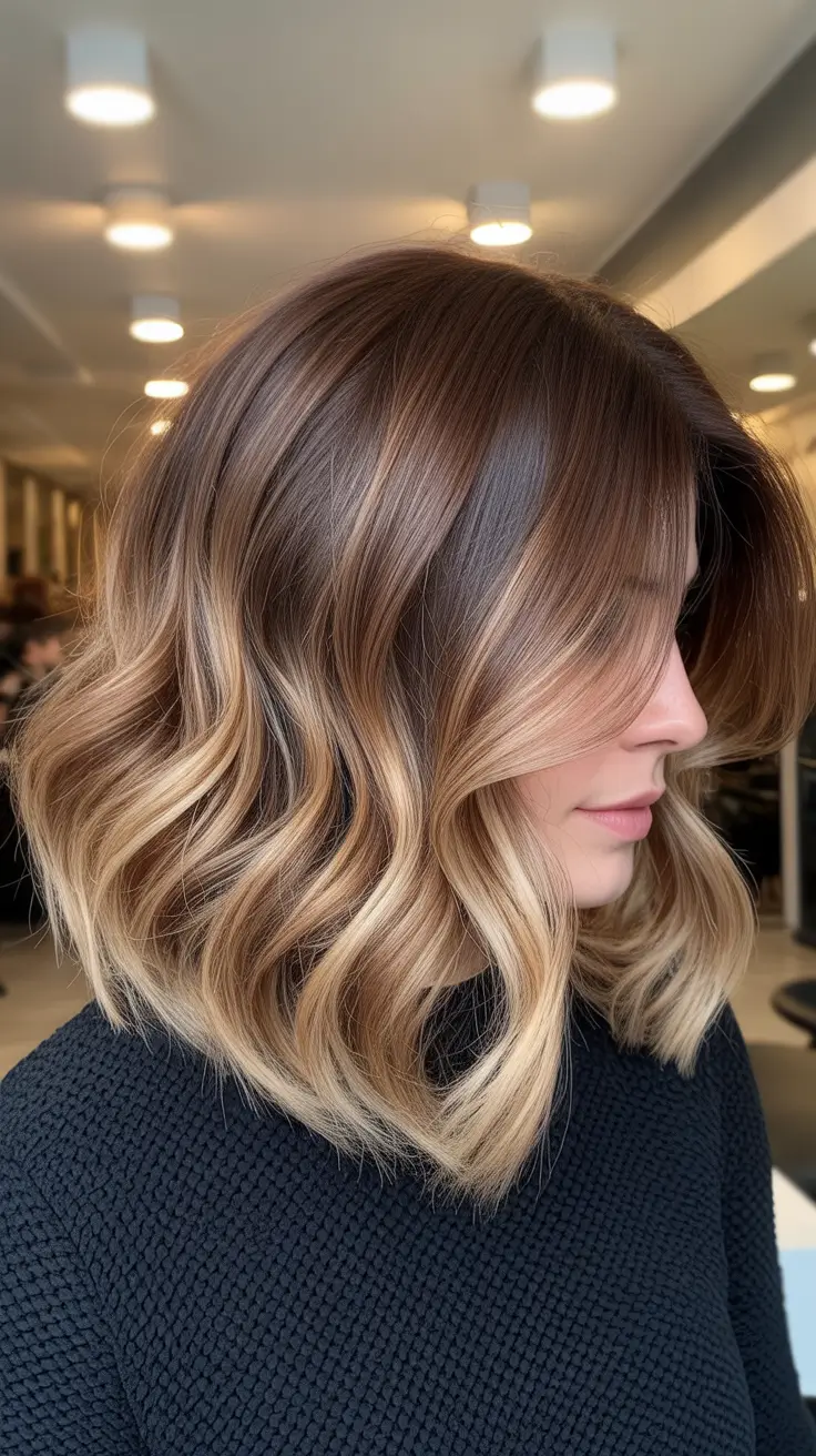 Side profile of a collarbone lob with chocolate-brown roots melting into toffee-blonde ends