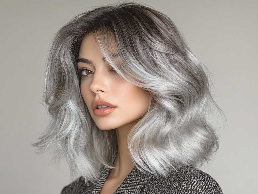 Icy white-silver lob with face-framing highlights