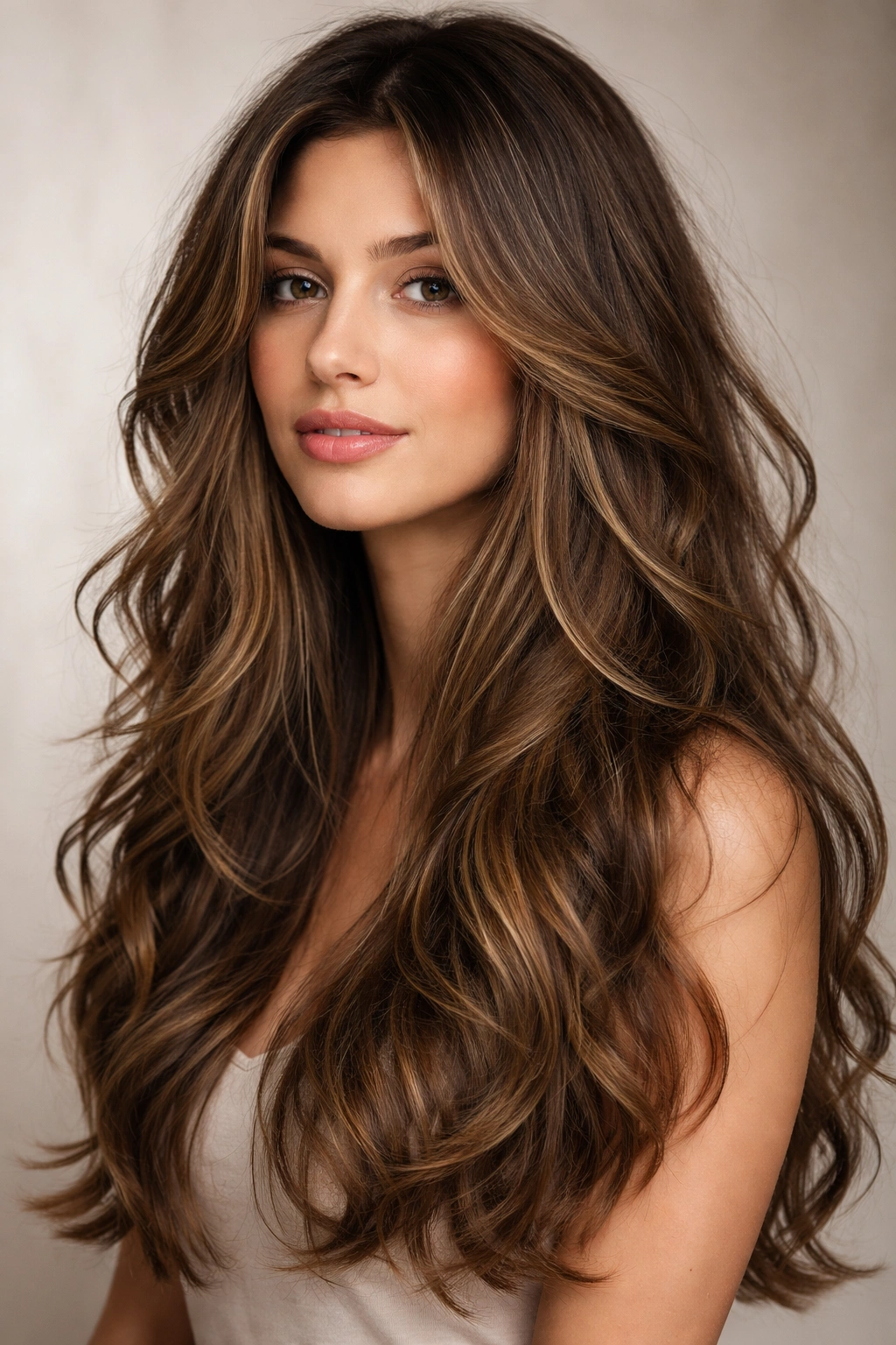 A woman with long voluminous brunette waves and face-framing highlights