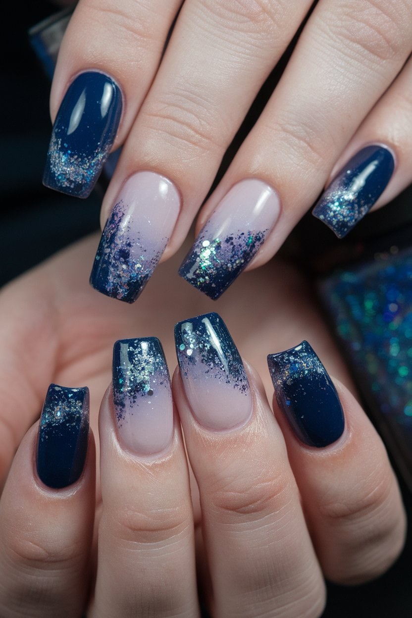 Navy nails with blue glitter ombre tips on long square nails