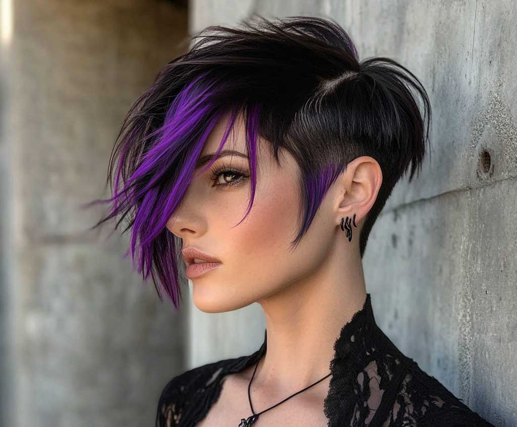 Deep plum purple pixie haircut with violet sheen