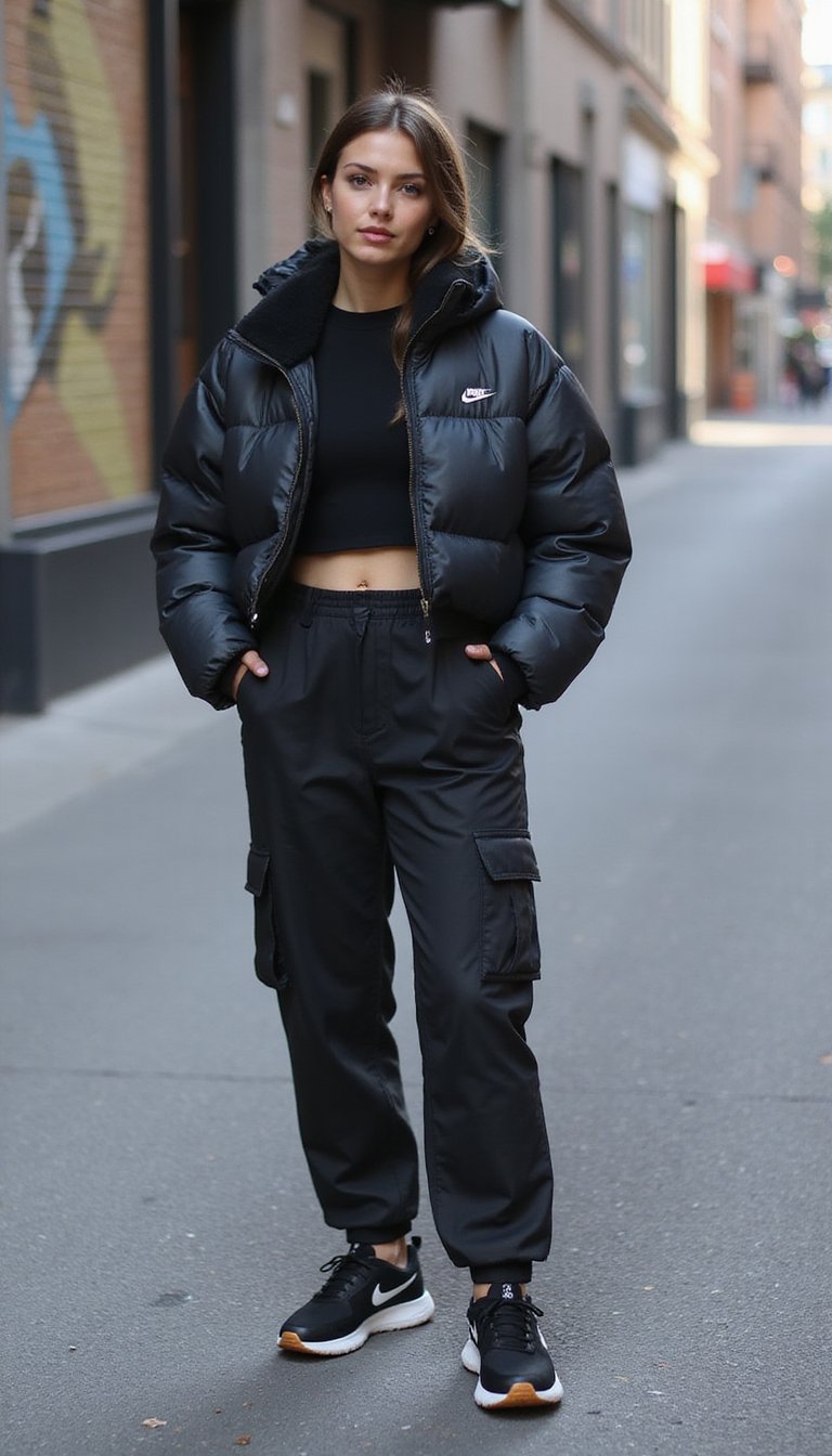 Woman wearing a black cropped puffer jacket, black baggy cargo pants and sneakers in a streetwear look