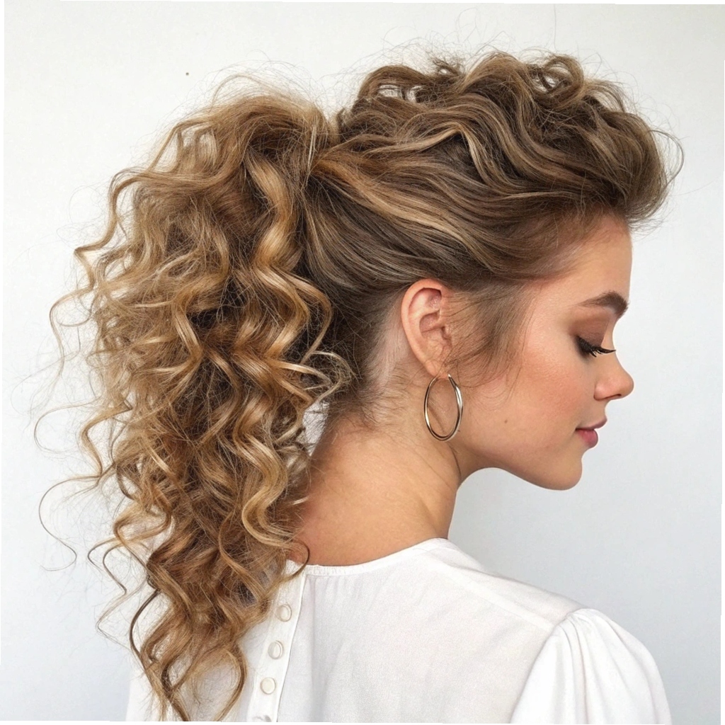 Woman with a high curly ponytail with volume