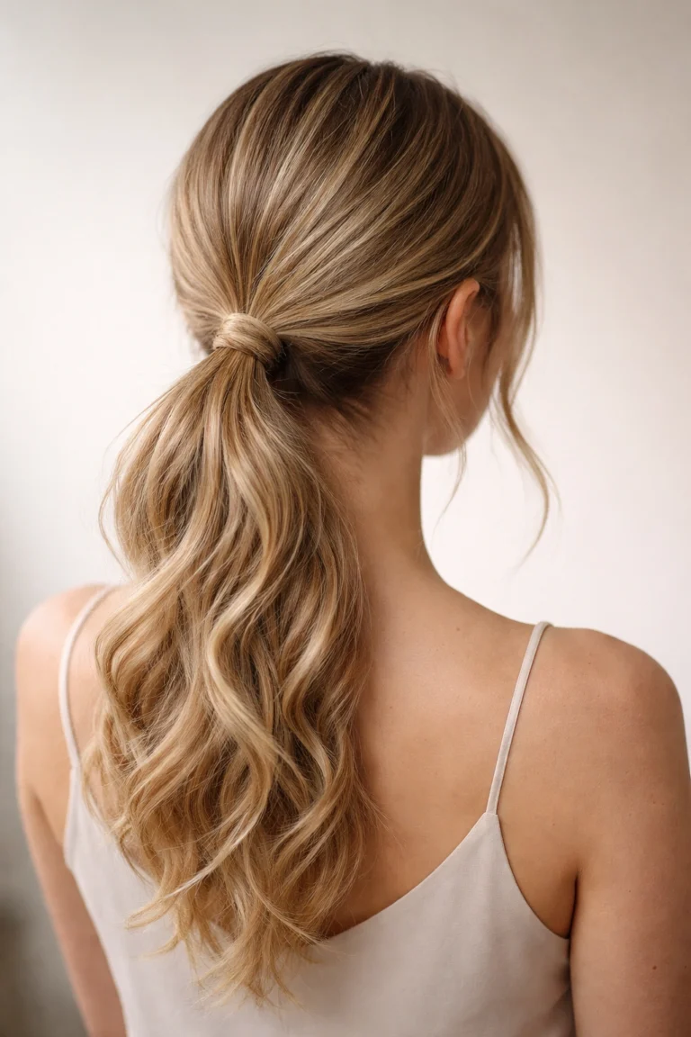 A low wavy blonde balayage ponytail with a wrapped base
