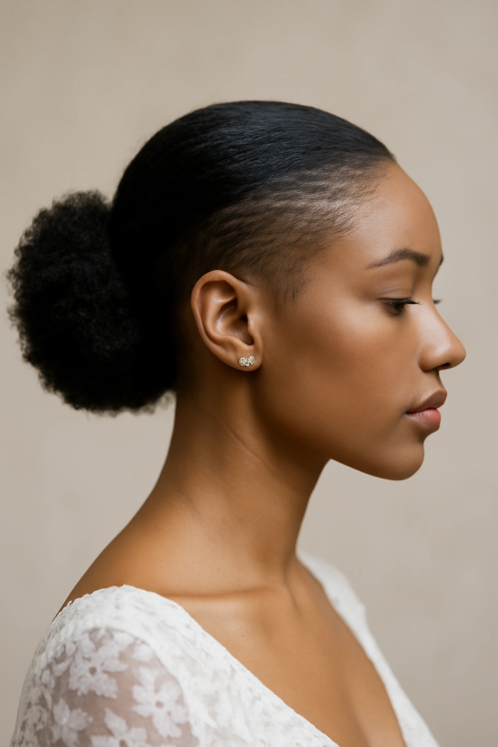 Natural black hair smoothed into a sleek low puff with laid edges