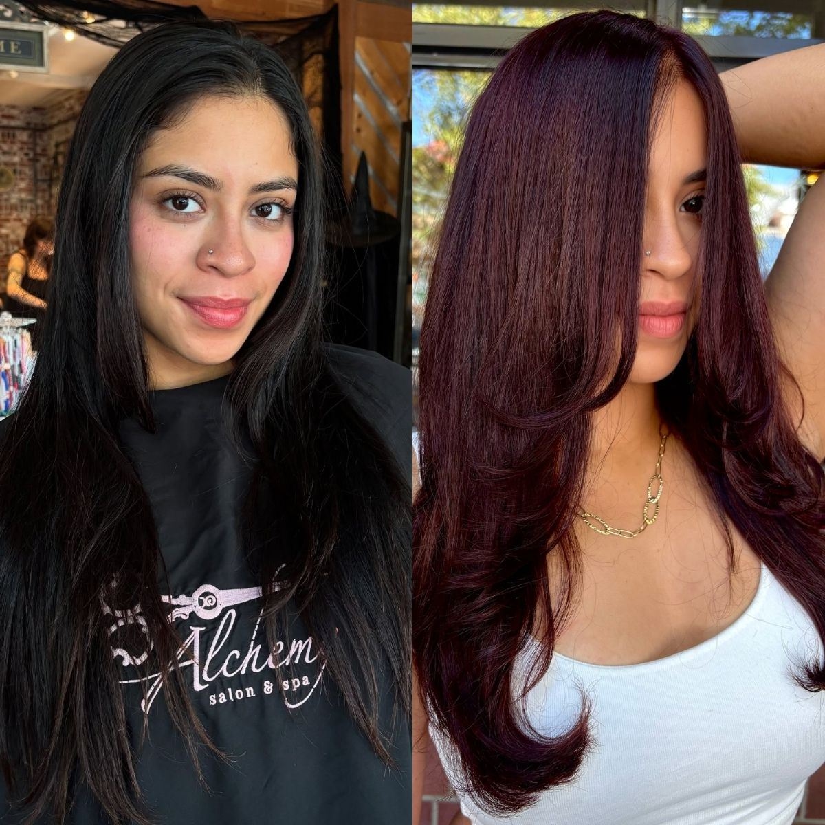 Mid-length hair in deep burgundy wine red with glossy shine