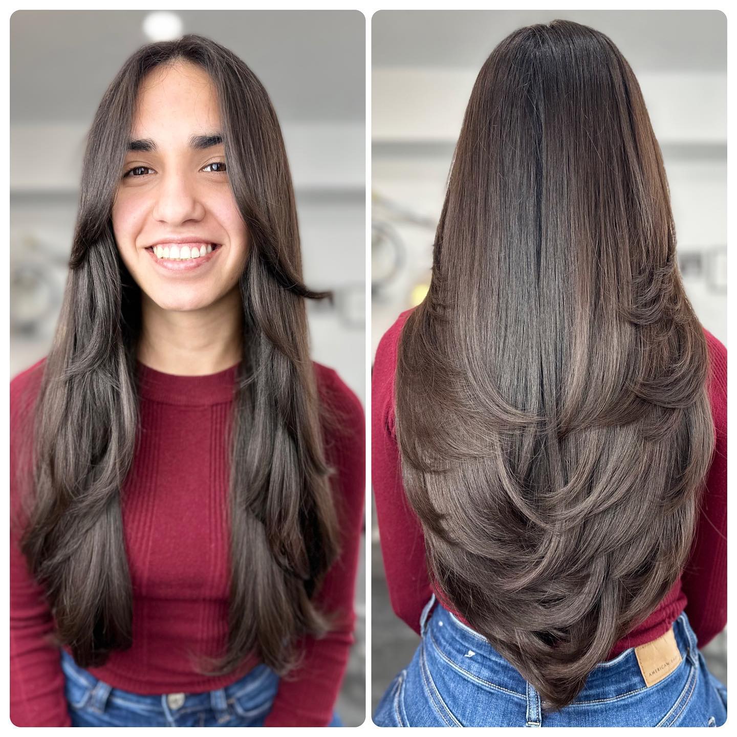 Long V-cut haircut with soft feathered layers