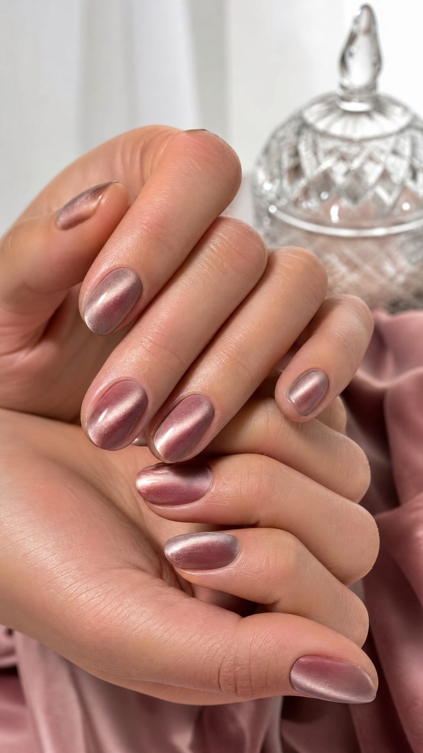 Short oval nails in dusty rose with a fine shimmer finish