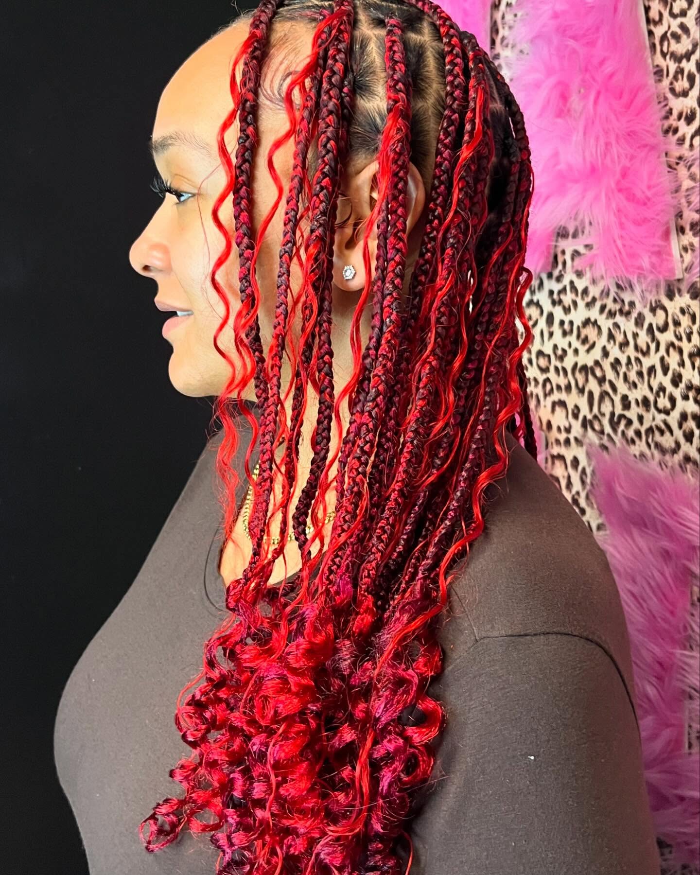 Bright cherry red boho knotless braids with curly ends