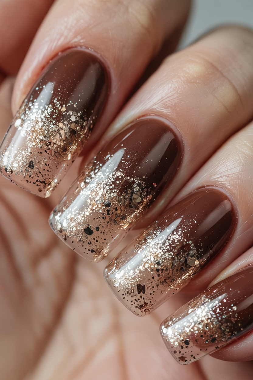 Cocoa brown gel nails with fine gold glitter