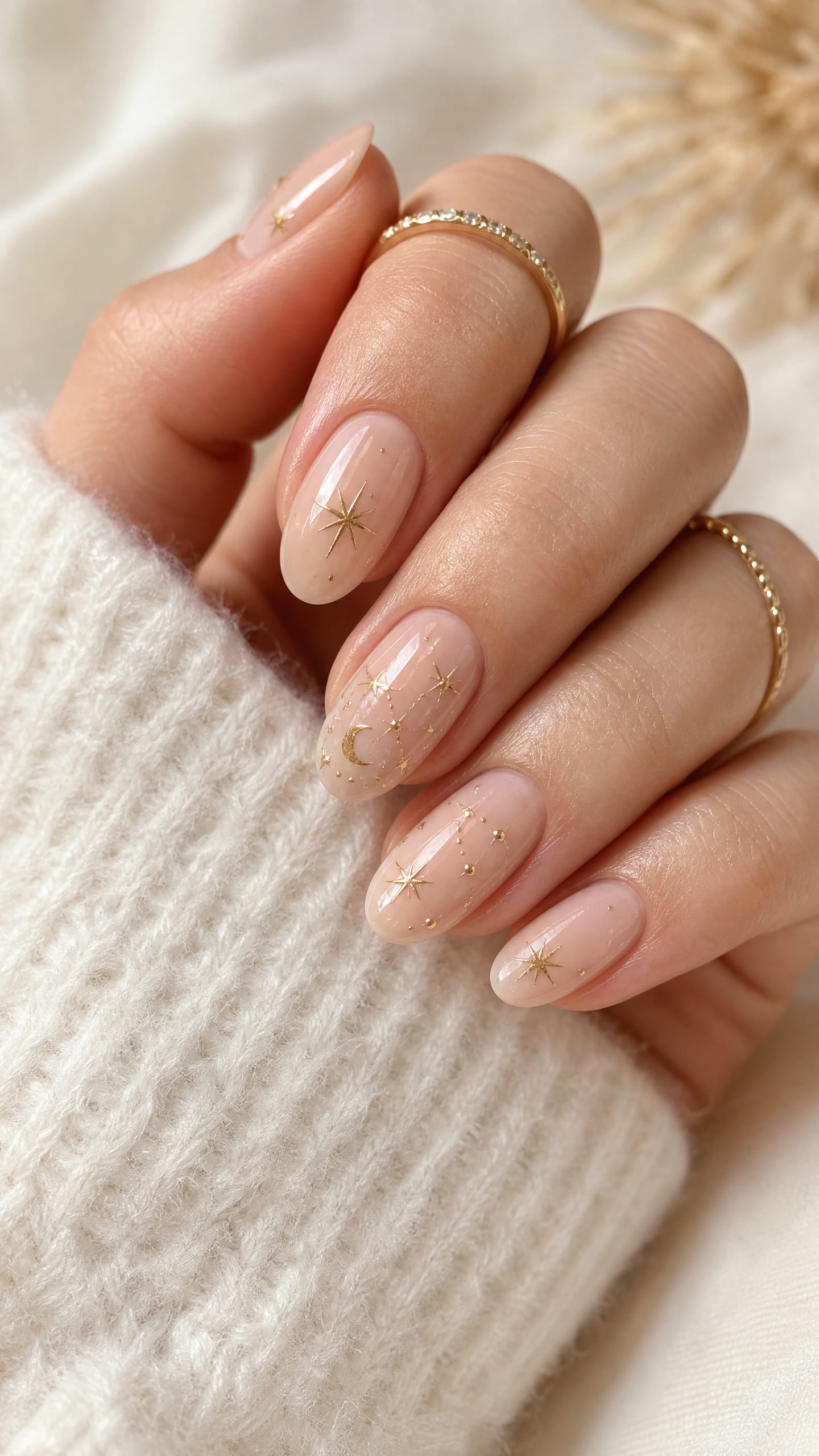 Almond nude nails with gold celestial star, moon and dot nail art