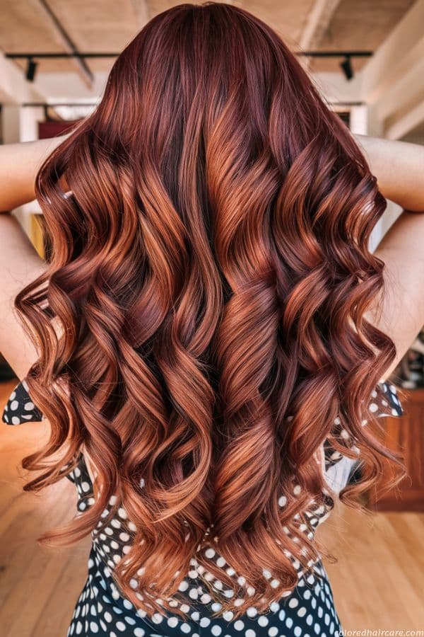 Shoulder-length mahogany brown hair with warm lowlights in a glossy blowout