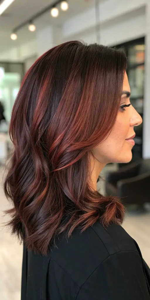 Mahogany brown hair with burgundy red undertones