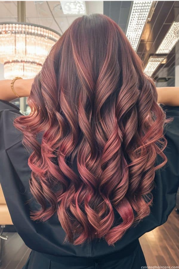 Mahogany brown hair with copper highlights and warm red depth