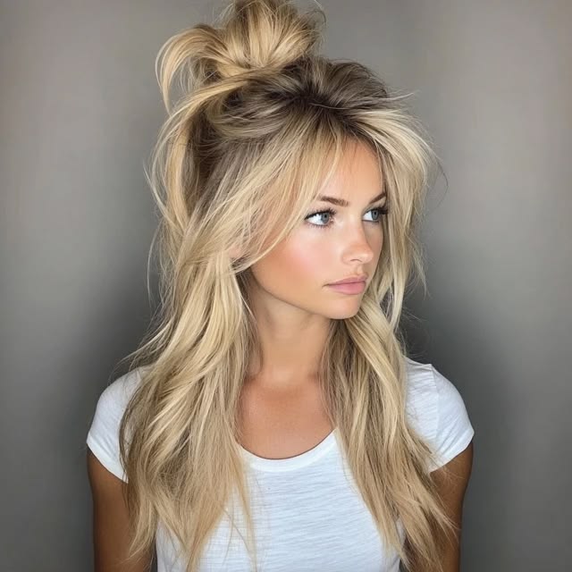 Messy half-up bun with curtain bangs