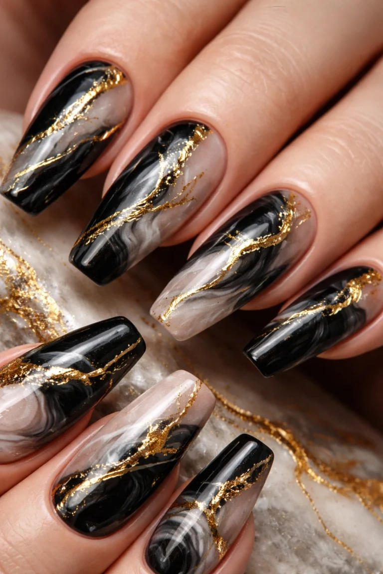 Black and gold marble nails with gold foil veining