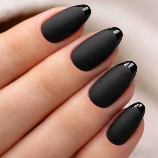 Short almond matte black nails with glossy black tips