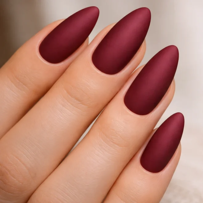 Matte burgundy almond nails
