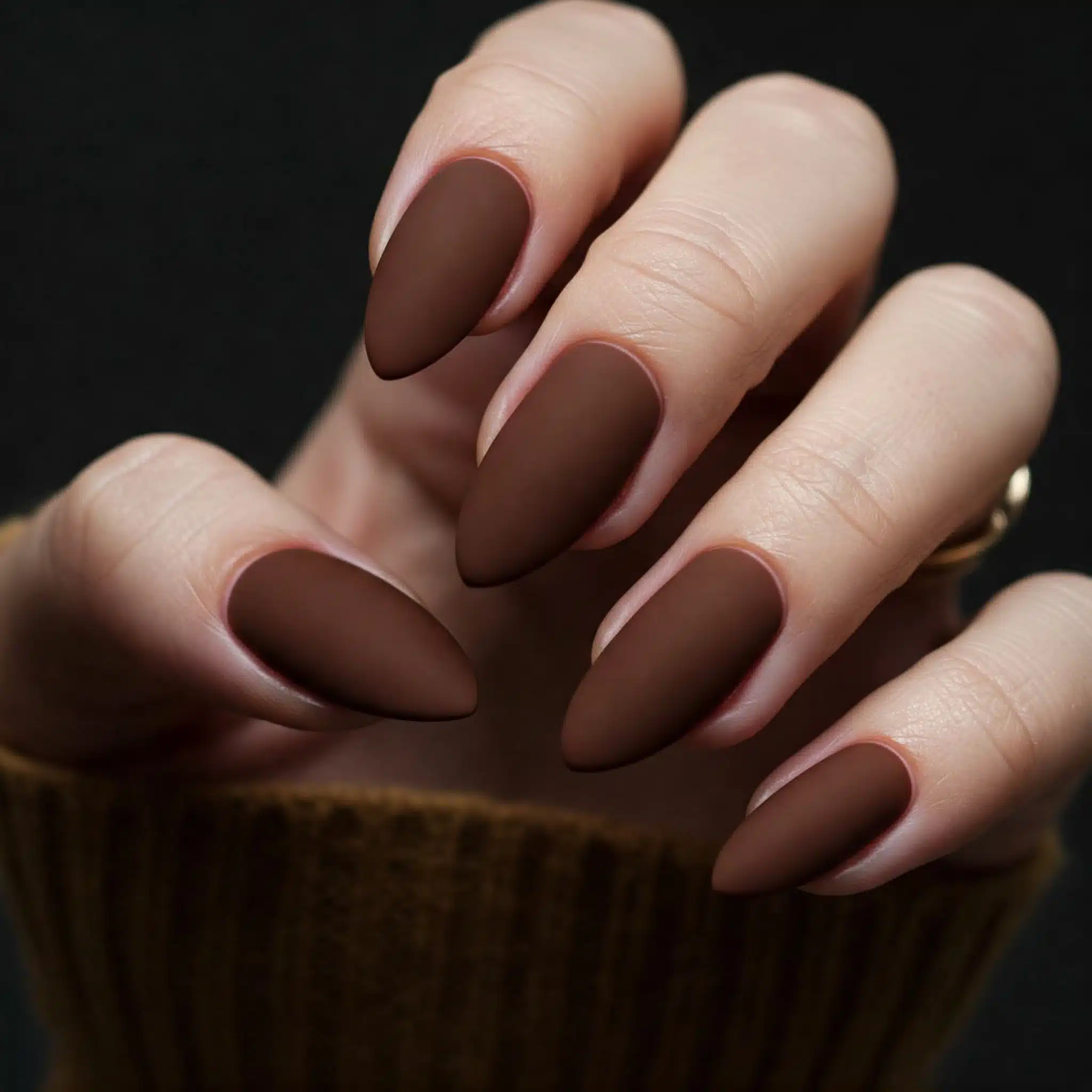 Espresso Velvet: a dark coffee plush finish on almond nails