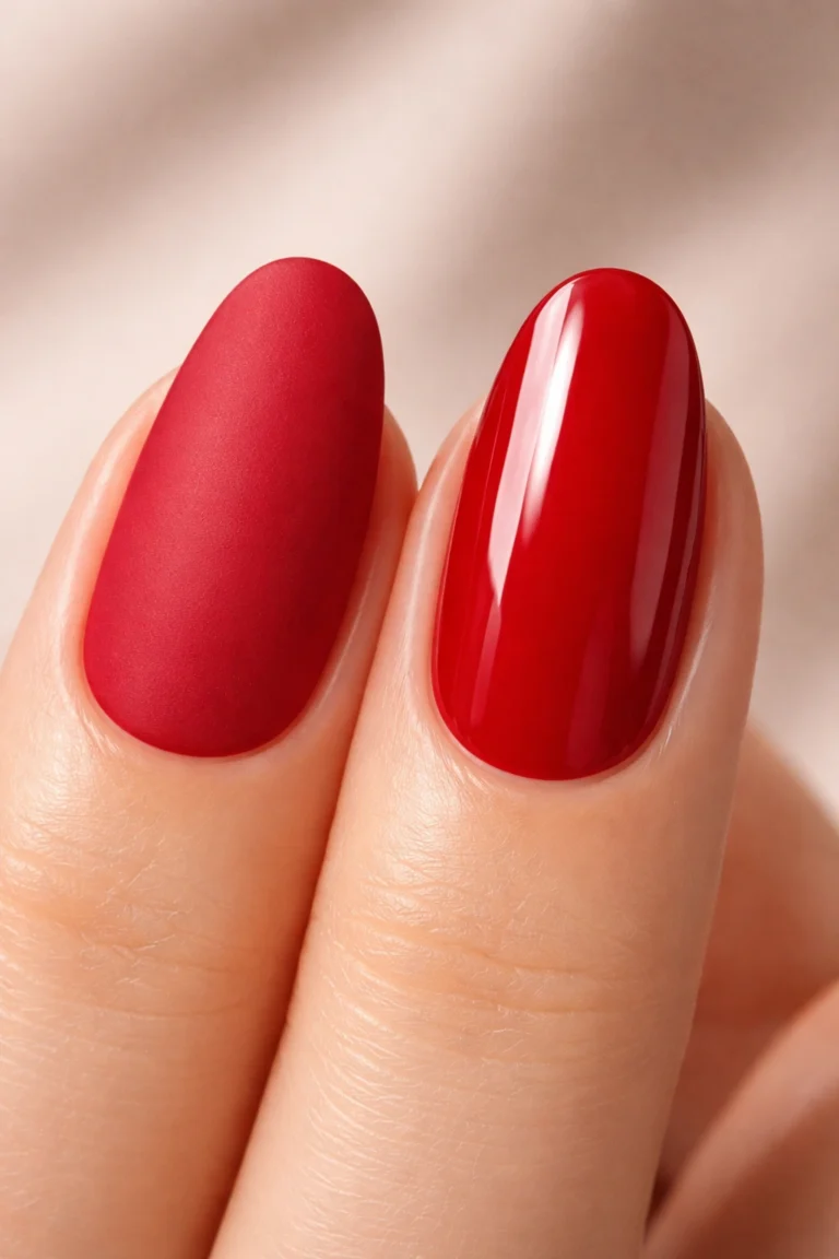 Dark red nails with alternating matte and glossy finishes