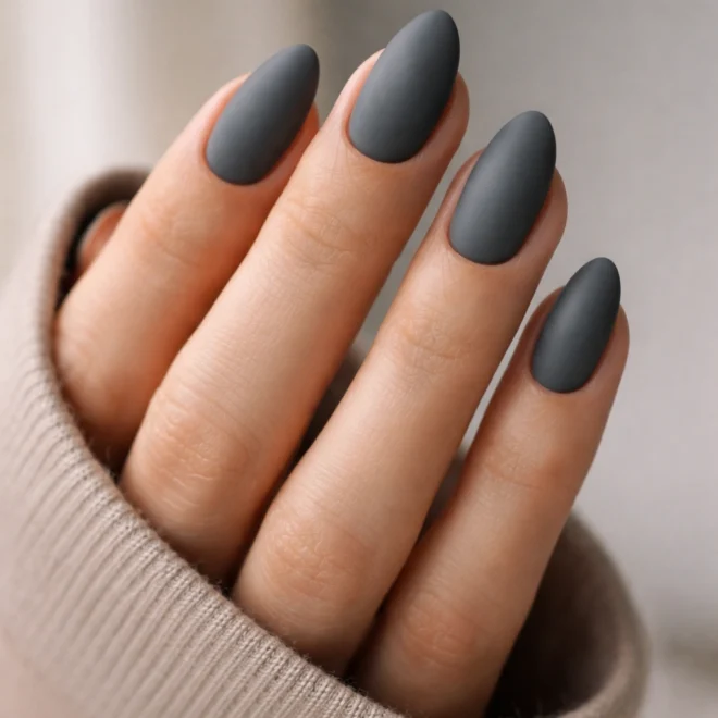 Medium almond nails in matte charcoal-graphite gray