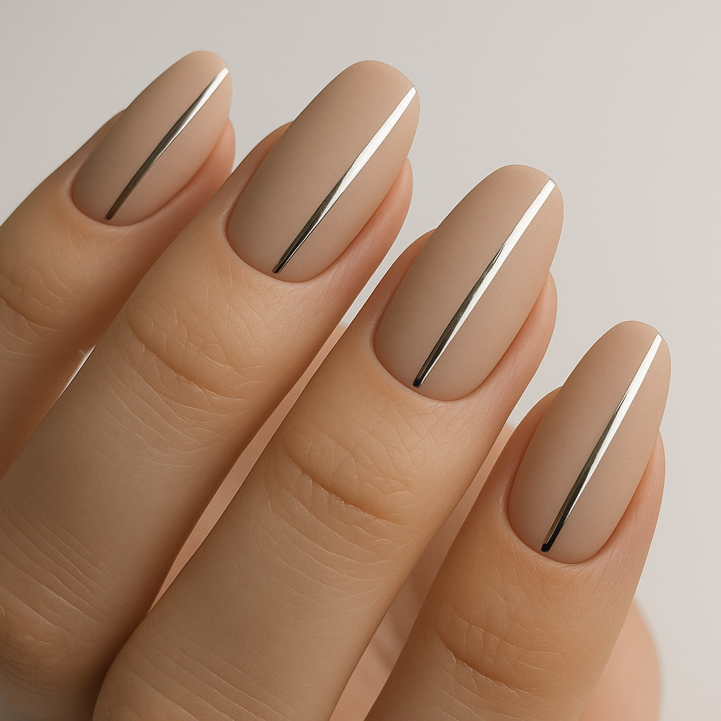 Matte nude nails with shiny chrome accent nails