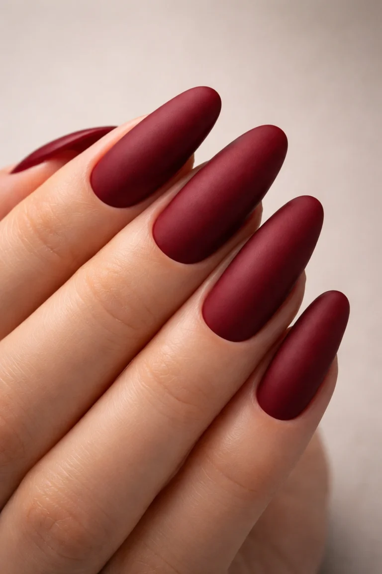 Short almond nails with a matte cranberry-red finish