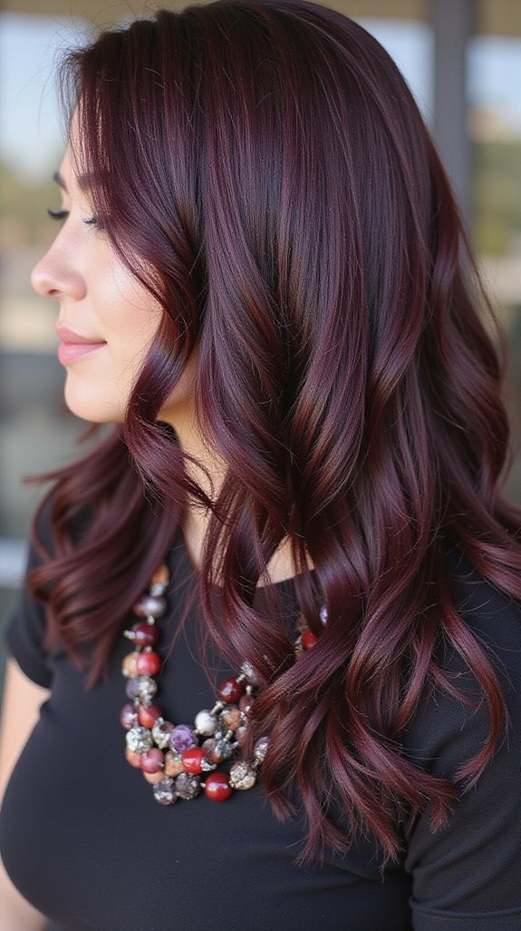 Side view of medium-length wavy midnight plum-cherry hair