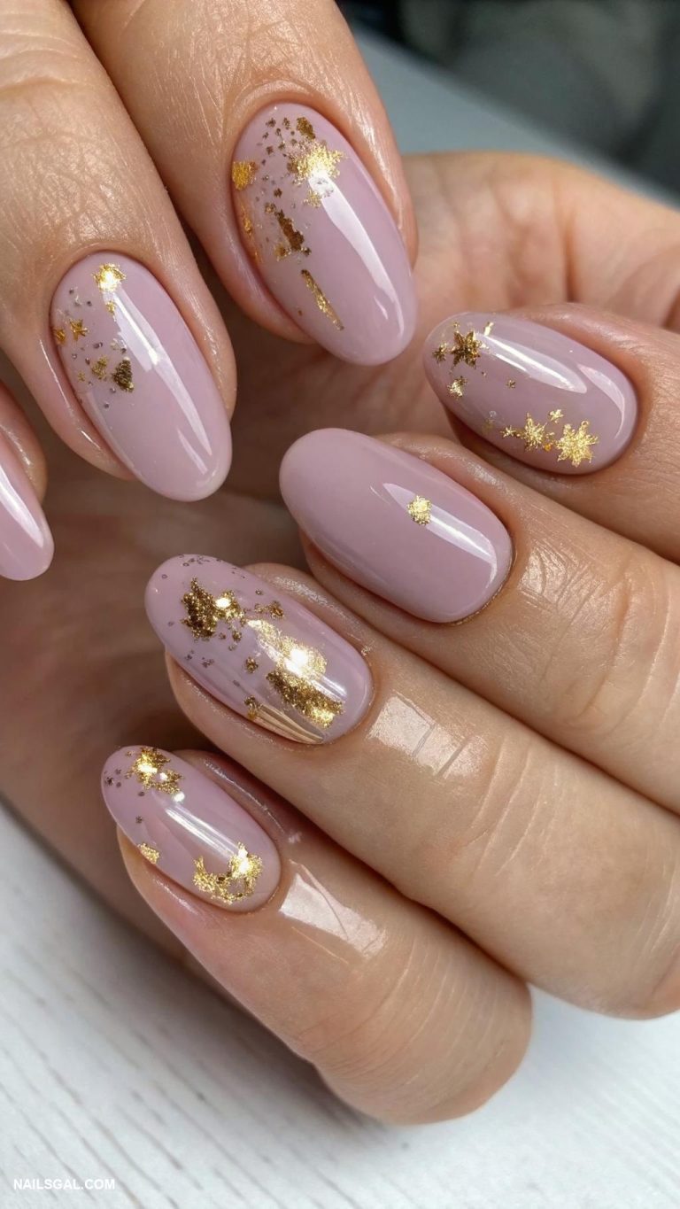 Dusty mauve rose nails with gold foil flakes