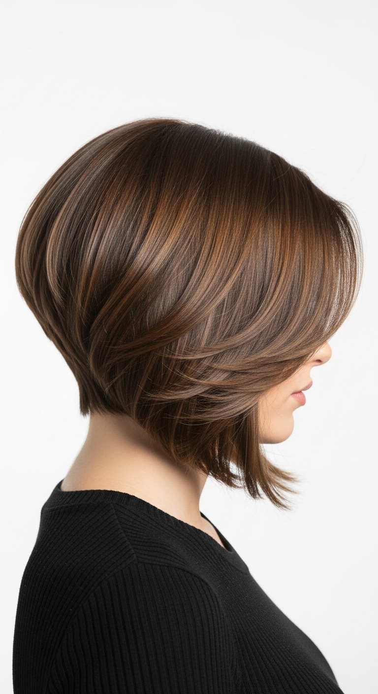 Stacked inverted bob in warm caramel brown, shorter at the nape