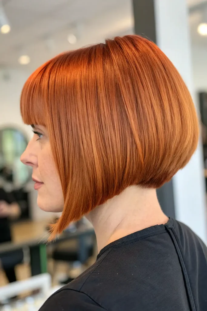 Golden copper lob haircut on medium-length hair