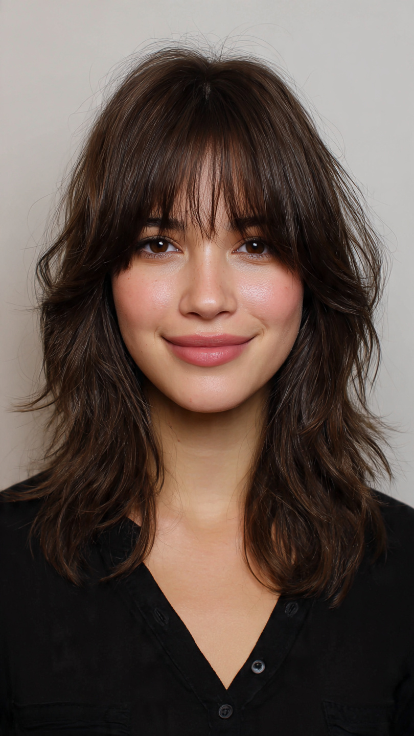 Layered lob haircut with curtain bangs