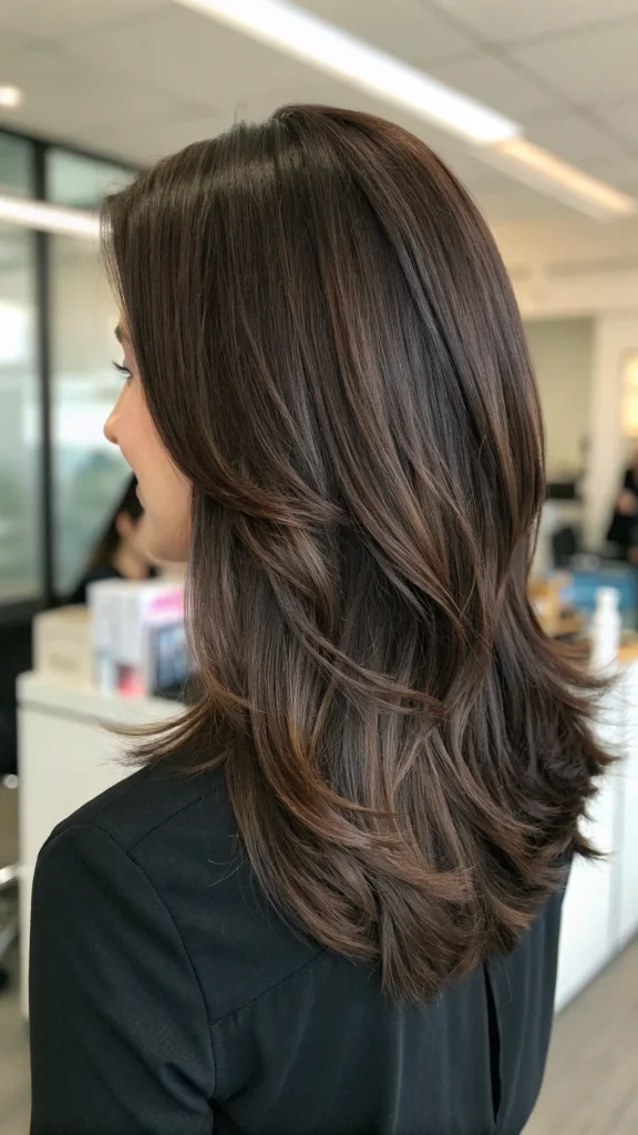 Dark chocolate-brown hair with subtle layers and natural shine
