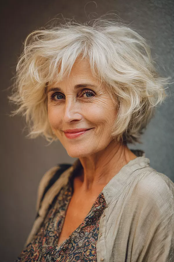 Platinum blonde tousled shaggy bob on an older woman
