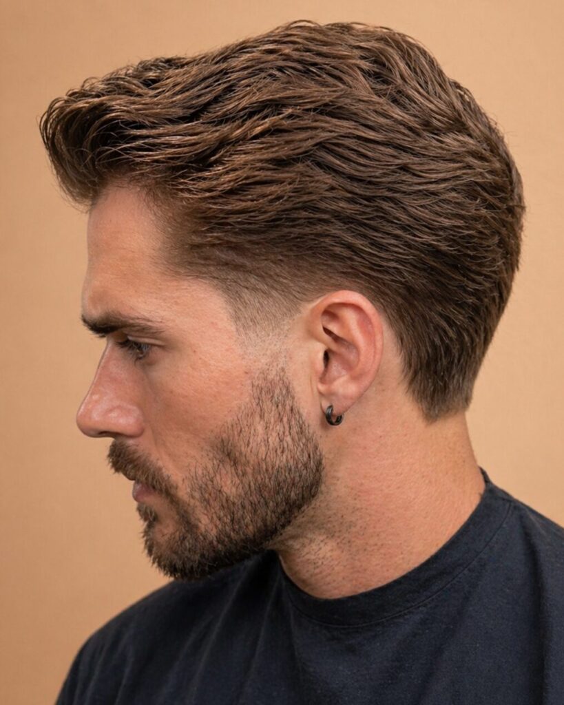 Man with textured hair brushed up and across with a low taper fade